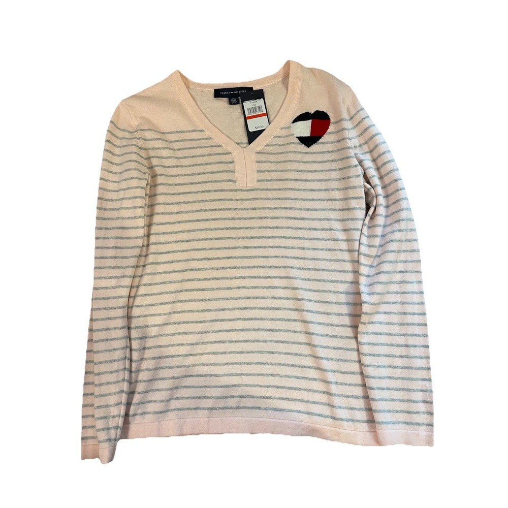 Tommy Hilfiger Women's V-Neck Stripe Sweater Pink/grey US XS New - Picture 2 of 8